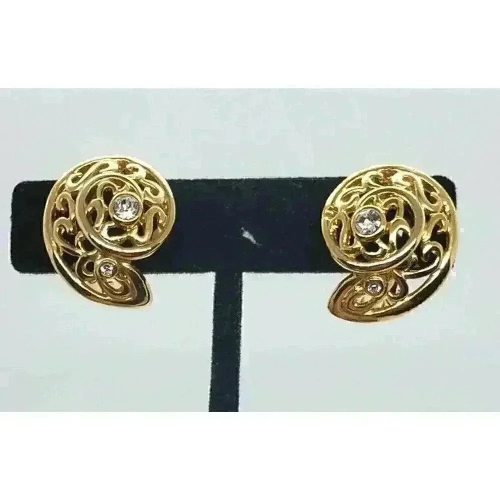 Vintage Earrings Gold Filigree Snail Shell & Rhinestone Accent Clip On